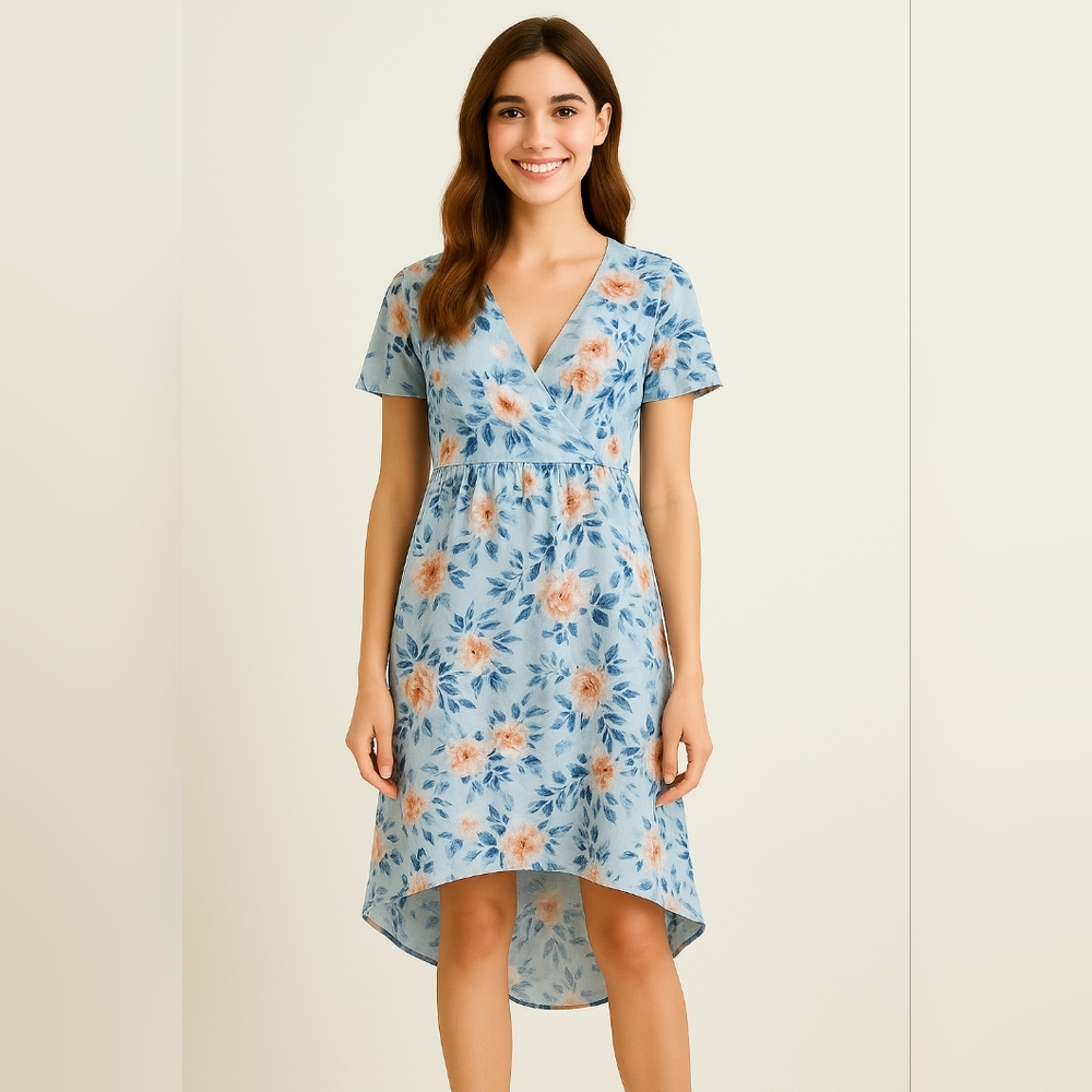 🌸🏵️ Pink and Orange Wrap Neckline Short Sleeve High Low Dress